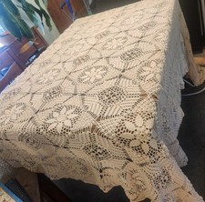 Vtg Hand Crochet Cotton Lace Amish Bedspread Coverlet 96 X 110  King Cottagecore picture