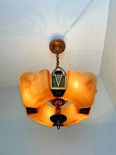 1930s Solid Bronze Art Deco 4 Light Slip Shade Hanging Fixture  picture