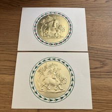 Vintage 1980s Stones Designs  Gold Lion  Embossed Christmas Cards Set Of 2 picture