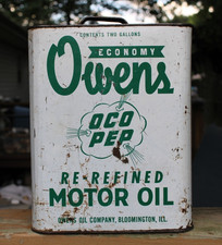 1950s era OWENS OCO PEP MOTOR OIL Old Bloomington IL 2 gallon Metal Can picture