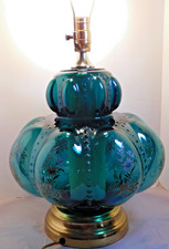 Vintage MCM Carl Falkenstein Green Teal Bubble Glass Table Lamp Flowers 12