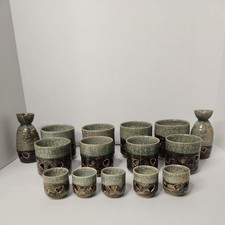 Vintage Japanese Somayaki Soma Ware 15 Pc Sake Set Gold Horse Crackle Glaze picture