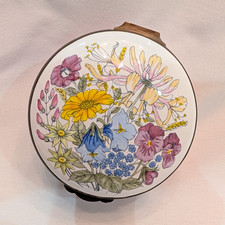 Vintage Crummles Enamel Trinket Box Large Round Pink Floral Hand Painted England picture