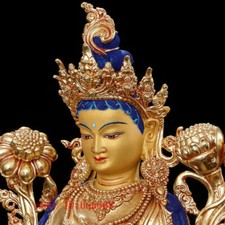 Tibetan Old Bronze Gilt Green Tara Goddess Statue 8.8