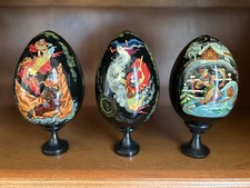Rare Signed 1998 Russian Palekh Lacquer Eggs 3pc Set Rusian & Ludmilla picture