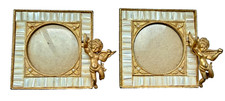 Pair Vintage Gilt Metal Mother of Pearl Cherub Picture Frames Hollywood Regency picture