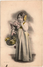 Young Girl with Flowers and Basket 1907-1915 Era - Love me ? written on card picture