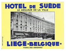 LIEGE BELGIUM HOTEL DE SUEDE VINTAGE LUGGAGE LABEL GREAT CONDITION picture