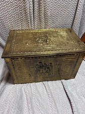 Brass& wood  family scene made in England tinder repousse box mid 20th century picture