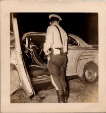Vintage 1940s 1950s Photo Police Officer Trooper At Night Car Accident Scene picture