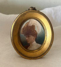 Antique French Miniature Oval Portrait Painting Gilt Brass Frame picture