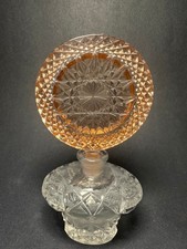 Vintage Glass Perfume Bottle Amber Peach Round Stopper Starburst Vanity 6in picture