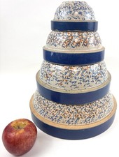 🔥LARGE Set 4 Vtg Stoneware Mixing Bowls Blue Stripe Sponge ware Antique 11” picture