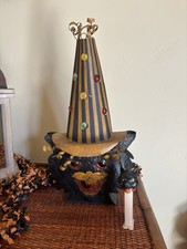 Bethany Lowe Metal Black Cat With Tall Witches Hat Gems 15 1/2 X 8” RARE + Pez picture