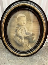 Stunning Antique Oval Portrait of Boy Playing in Dirt or Sand Early 20th Century picture