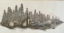 VTG Oil Field & Rig Pen & Ink Lithograph of Old Texas Oil Derricks Signed/Number picture