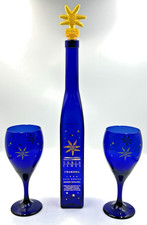 Tobin James Wine Glasses Cobalt Blue Sun Star Pair & 1998 Empty Bottle w/ Topper picture