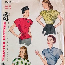 Rare 40s Vintage Simplicity 1603 Blouse Pattern Sz 12 Bust 30 Sewing Pattern CC  picture