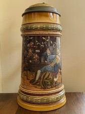 Mettlach 1527 Beer Stein 1L Large Relief Old German Drinking Group Villeroy picture