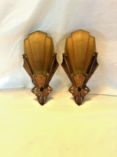 Art Deco 1920-1930 Antique Pair Wall Fixture Gold Slip Shade Glass Sconce picture