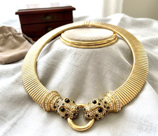 Vintage Signed CINER Double Leopard Head Gaspipe Collar Necklace Choker 1980s picture