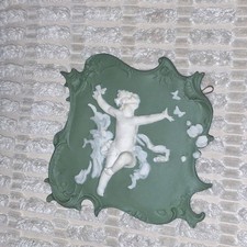 Antique German Jasperware Wall Plaque White Relief Cherub Putti Butterflies Sage picture