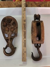Pair 13” Vintage Cast Iron Pulley Block And Tackle Drop Pulley picture