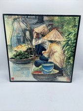 VTG Vietnamese Lacquer Wooden Backed Picture Women on Street w/ Food Baskets DGE picture