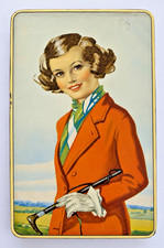 Vintage 1930s Litho Tin Box Lady Equestrian Orange Coat Riding Crop Art Deco picture