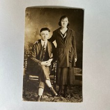 VTG 1920 Antique RPPC Real Photo Postcard Young Man Woman Siblings Flappers USA picture