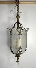 Vintage French Pendent Hanging Light Fixture Gold Brass Glass Panels  picture
