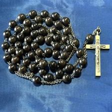 Vtg Antique 12.5mm Ebony Wood Bead Rosary with Pectoral Crucifix from France picture