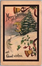 1913 MERRY CHRISTMAS Postcard Tree & Bells / Artist Cobb Shinn / Hand-Colored picture
