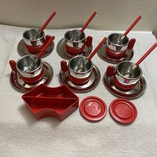 VTG 1970s MORINOX Italy 21 Pc Red MCM Espresso Cups Plates Spoons Caps Tray  picture