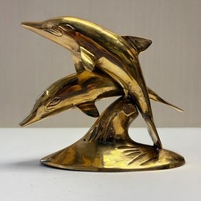 Vintage MCM Solid Brass Swimming Dolphins Sculpture Figurine picture