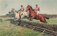 1907 Steeplechase Horse Racing Postcard Jockeys Jumping Fence New York Postmark picture