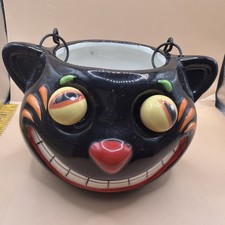 Vintage Halloween Black Cat Smiling Candy Holder Moving  yellow bulging eyes picture