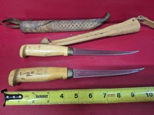 2 Vintage J. Marttini Rapala Fillet Knifes 6” Wood Handle Sheath picture