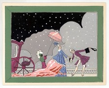 1920s ART DECO POCHOIR XMAS GREETING CARD, MATTED- LADY, GENT, SERVANT, CARRIAGE picture