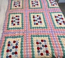 Antique  Large Yo-yo Quilt-Coverlet, Pink Green Purple Blue 74”x 86” Pretty picture