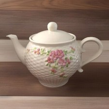 Vintage A Teleflora Gift TeaPot Basket Weave Texture Pink Flowers 1985 Japan picture