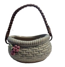 VTG CERAMIC BASKET PLANTER WIRH HANDLE HAND PAINTED FLOWERS picture