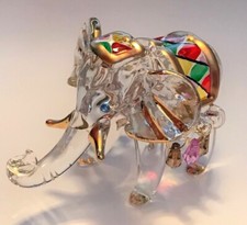 Colorful Glass Elephant Figurine Trunk Up Good Luck Gold Accent Blue Eyes Decor picture