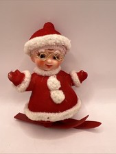 Vintage Felt Covered Mrs Claus On Skis 4” Christmas Tree Ornament picture