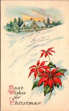 Vintage 1925 Christmas Postcard Poinsettia Snowy Cottage Rochester Postmark picture