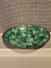 Vintage Mid Century Malachite Inlay Oval Catchall Bowl Scalloped Brass Rim 7