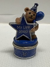 Vintage Claire's 1999 Bear Trinket Box My Life 2000 Hinged Resin Blue Jewelry picture