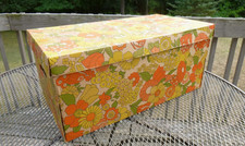 Vtg 60s 70s Cardboard Storage Chest Box W/ Lid Flower Power Orange Yellow  picture