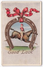 1907 Good Luck Horse Racing Jockey Horseshoe Embossed Postcard Fred Lounsbury picture