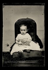 Unusual Tintype Photo Little Girl Holding Toy Tabby CAT + Creepy Hidden Mother picture